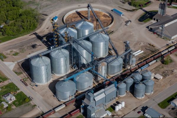 Aerial view of grain elevator system