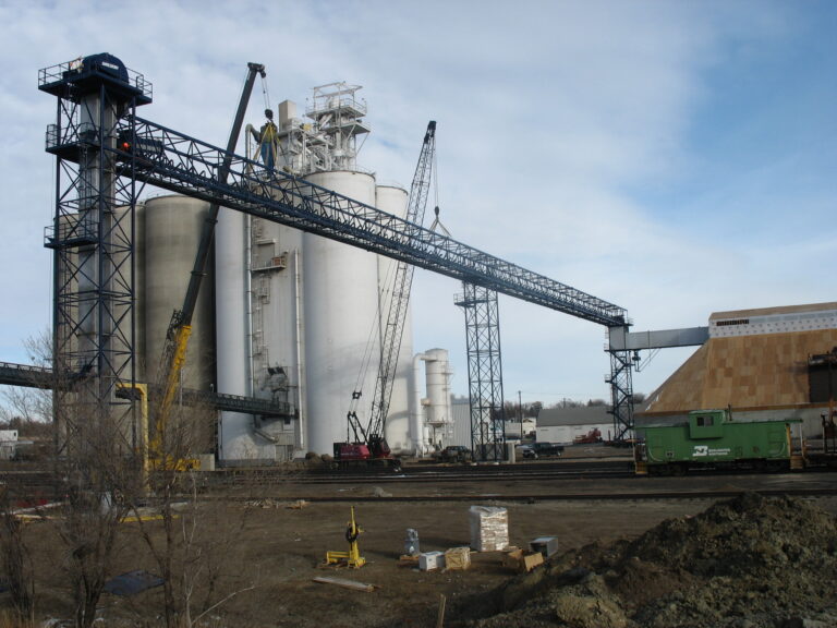 Grain elevator and railroad tracks